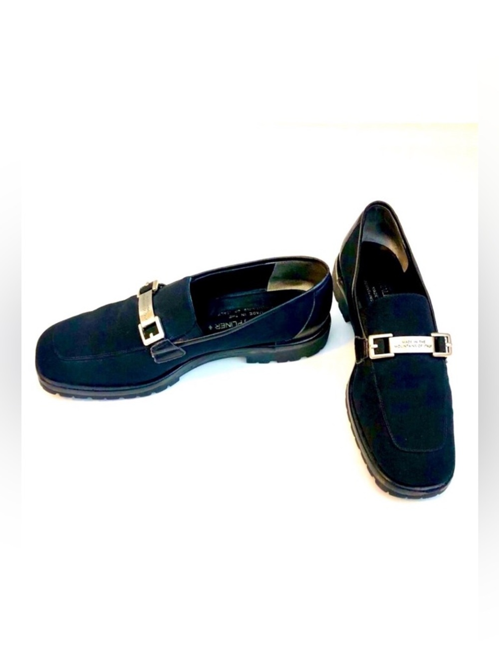 DONALD J PLINER Italy Y2K Inga Genegum Black Satin Loafer Silver Logo Buckle 7.5
